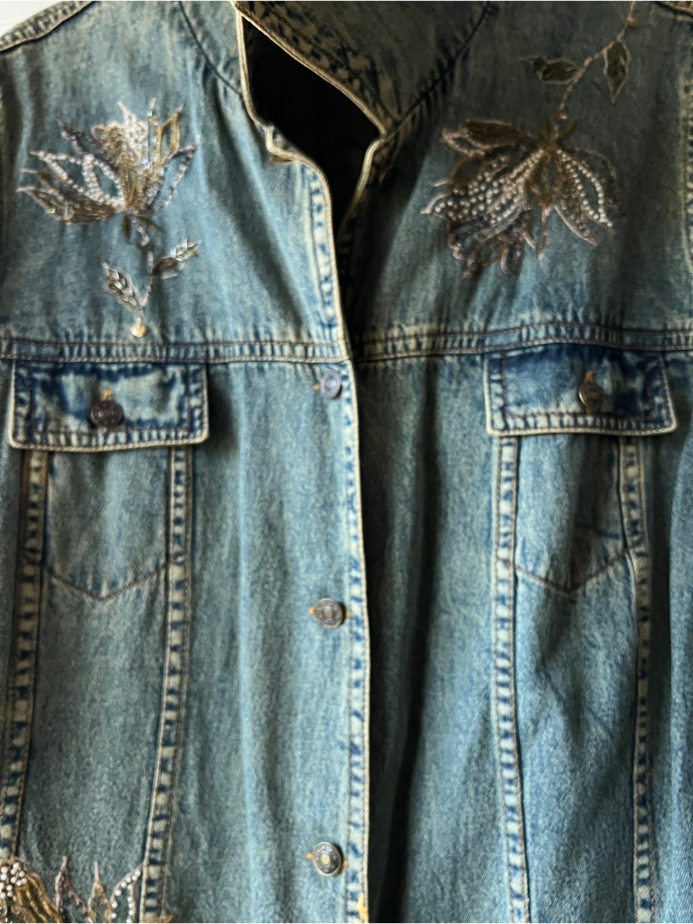 CRAZY LINE Embroidered Long Denim Coat - Green - Picture 3 of 14
